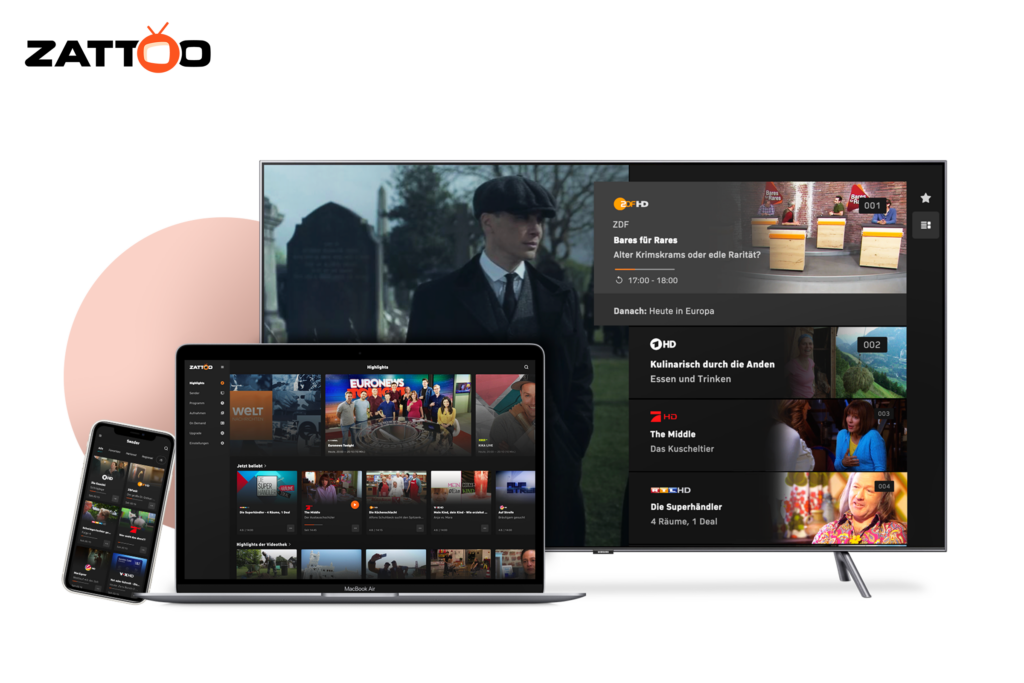 Zattoo – offizielle Produktabbildung der deutschen TV-Streaming-App auf Fernseher, Tablet und Smartphone