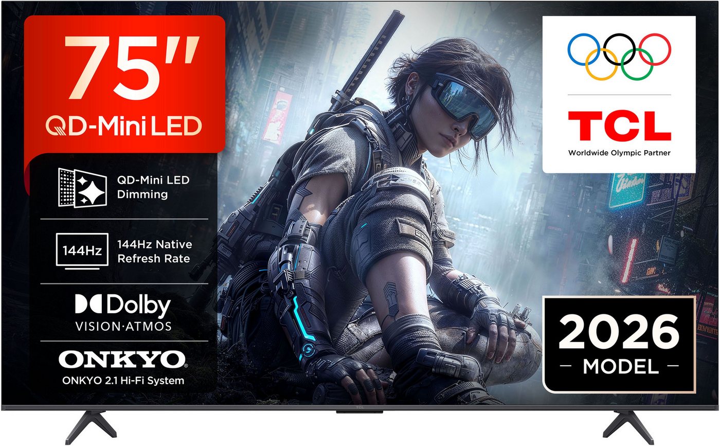 TCL 75T8D Mini-LED-Fernseher (189 cm/75 Zoll, 4K Ultra HD, Smart-TV, Google TV, QD-Mini LED, AiPQ Pro Prozessor, 144Hz, ONKYO 2.1, Apple AirPlay 2)